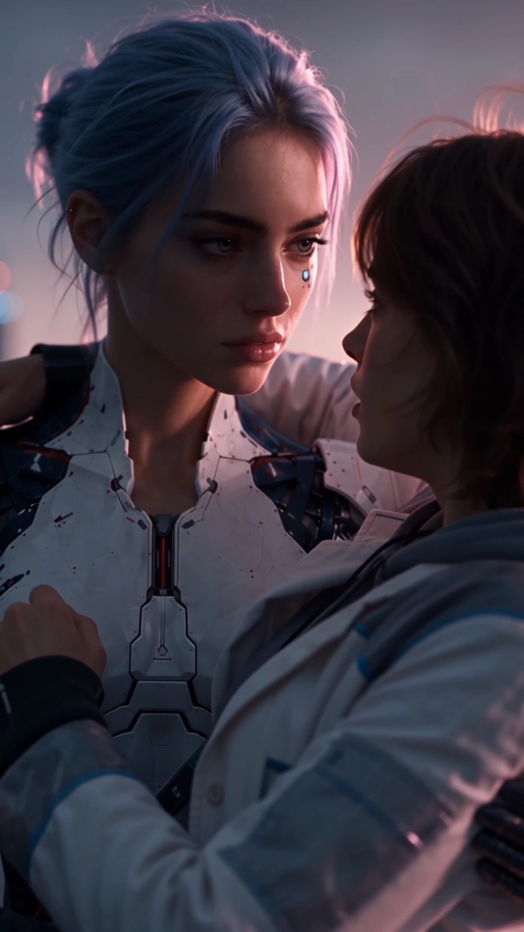 An android leaning closely over an AI engineer