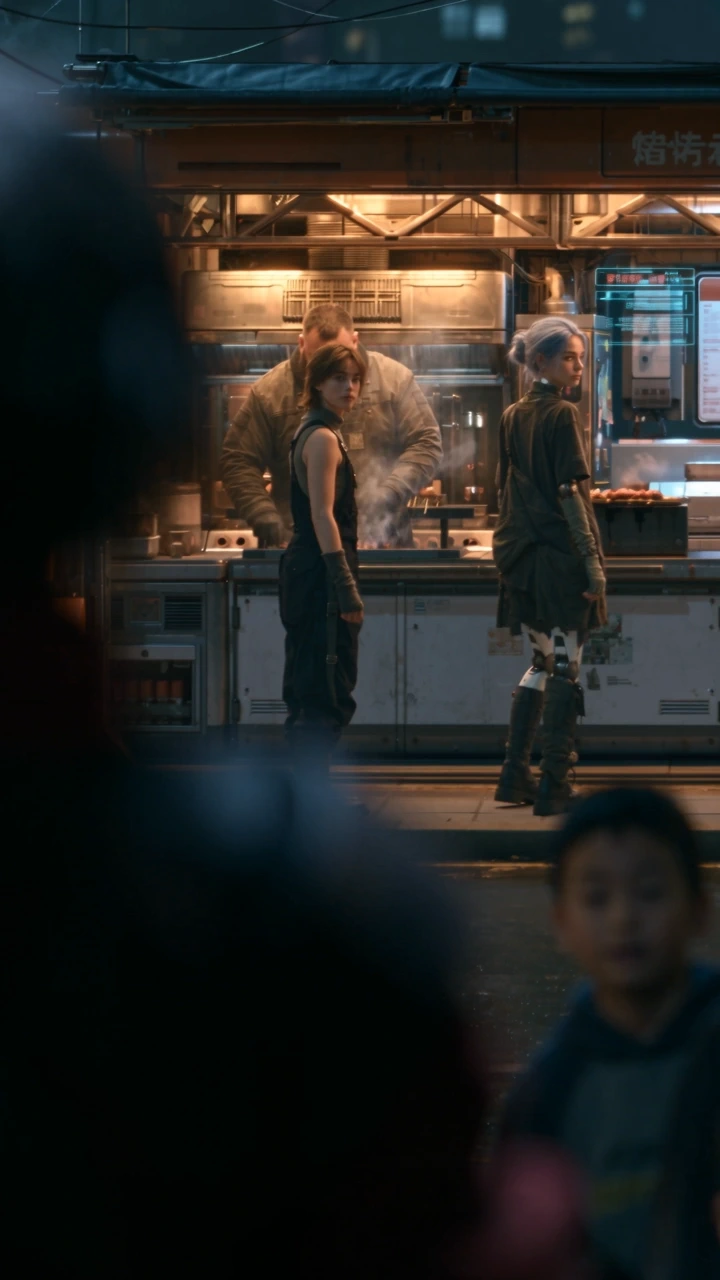Two women standing apart at a night food stall